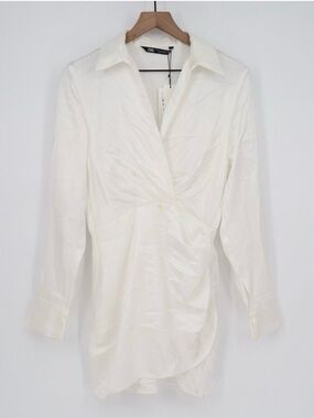 ZARA- Med White- Cream Satin Wrap-Front Long Sleeve Button Down Minidress